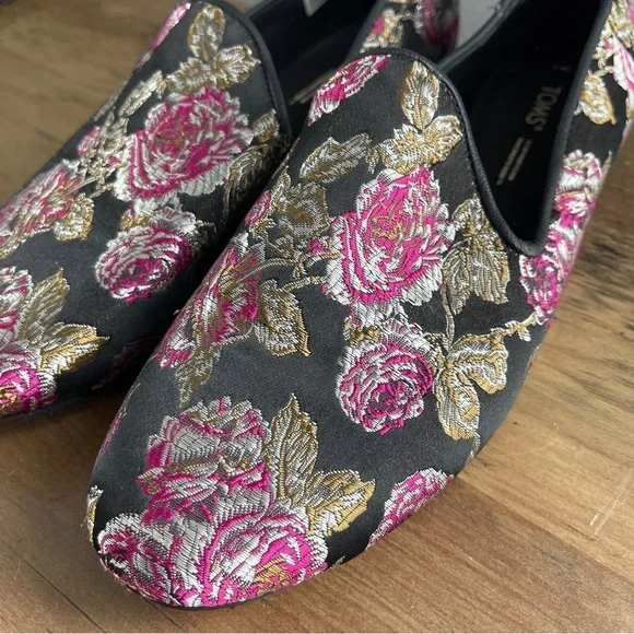TOMS Women's Black and Pink Floral Loafers - Picture 2 of 8